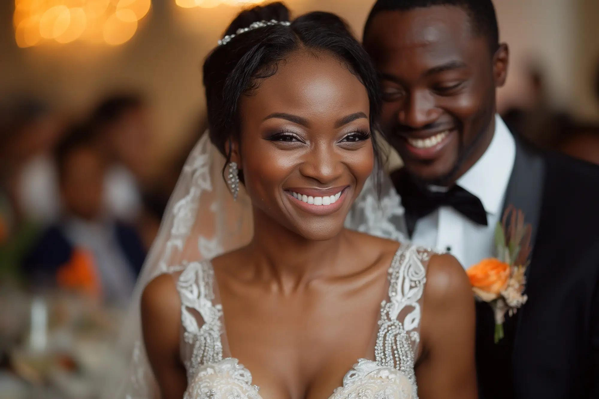 Black bride and groom smiling at their wedding reception