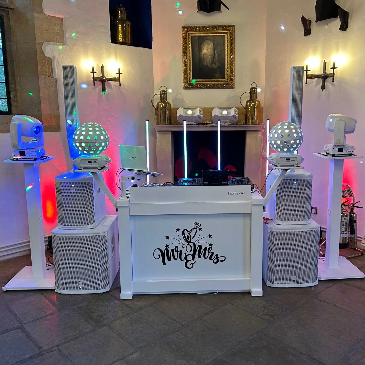 Premium white DJ setup with Mr & Mrs signage